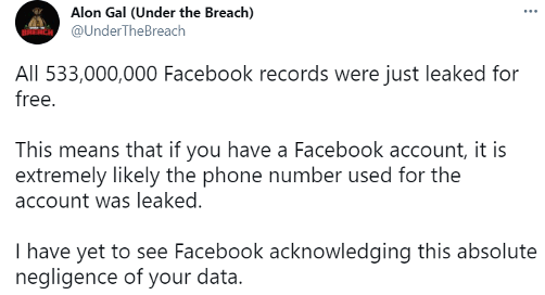 Alon Gal’s tweet on Facebook data breach